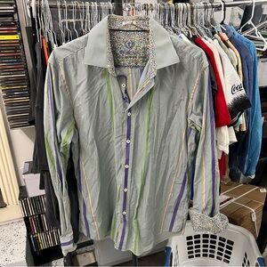 BUGATCHI Shaped Fit Shirt Large Floral Alphabet Flip Cuff Button Up Long Sleeve